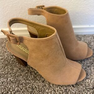 Madden Girl Tan Suede Peep-Toe Slingback Mules